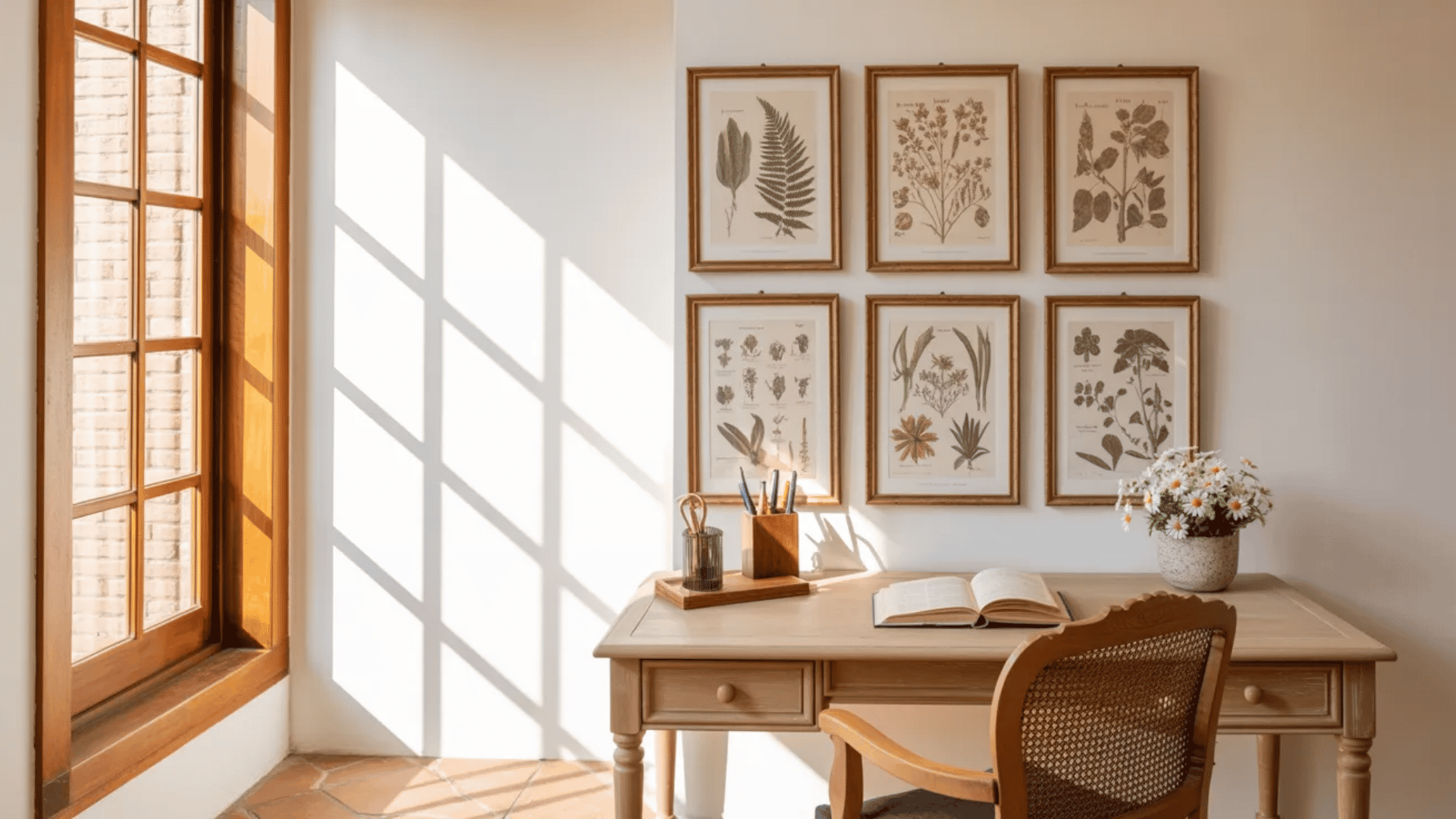 Wooden desk with open book, framed botanical prints, flowers, and sunlight through a large window.