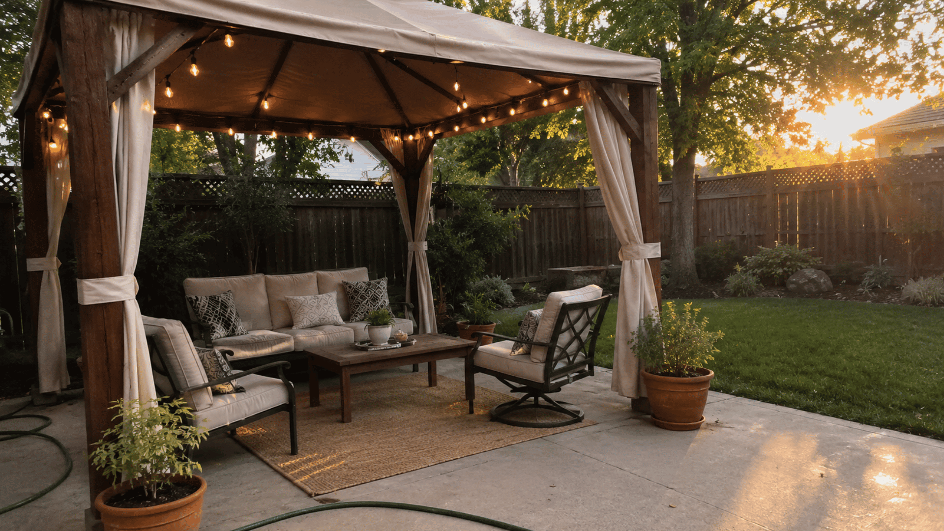 wooden gazebo with string lights, cream curtains, and outdoor sofa set on a patio at golden hour