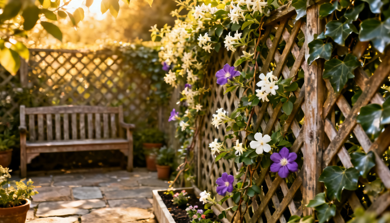 wooden lattice fence covered with flowering vines and ivy beside a cozy garden seating area in warm sunlight