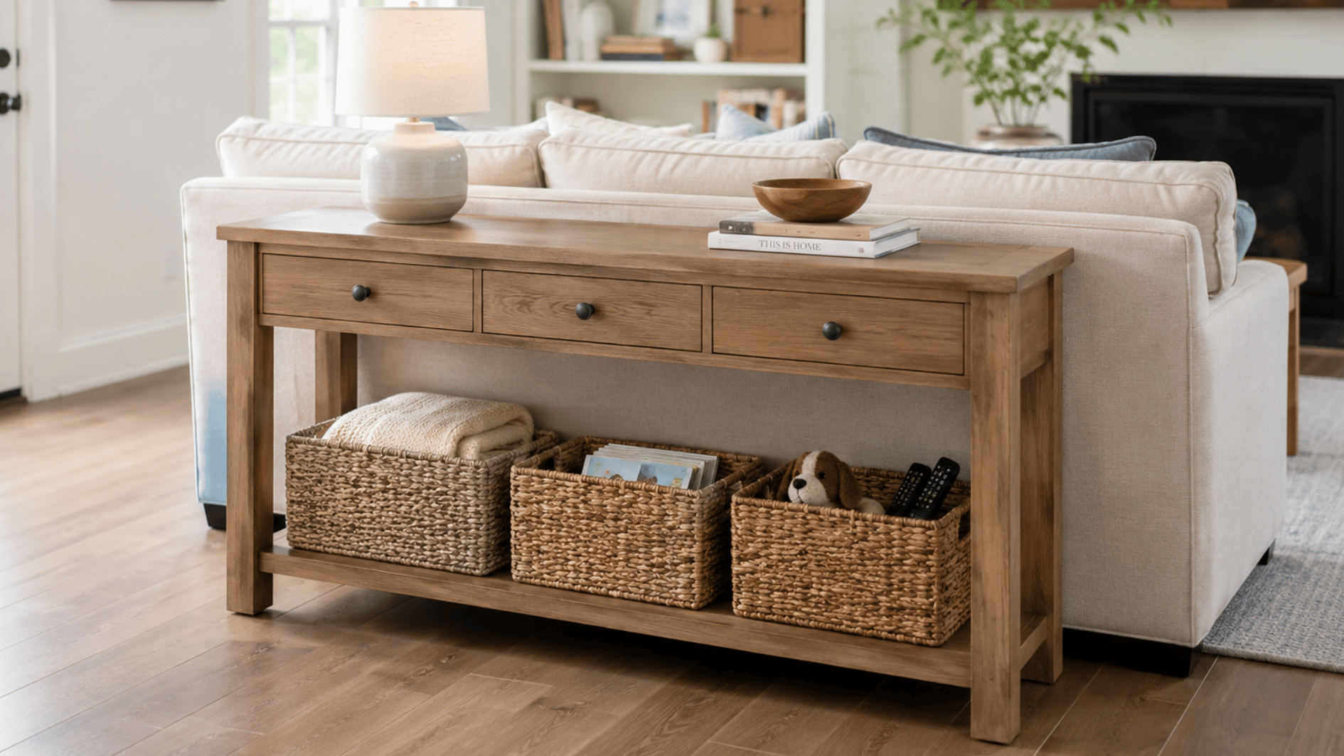 wooden sofa table with drawers and baskets behind couch in bright living room