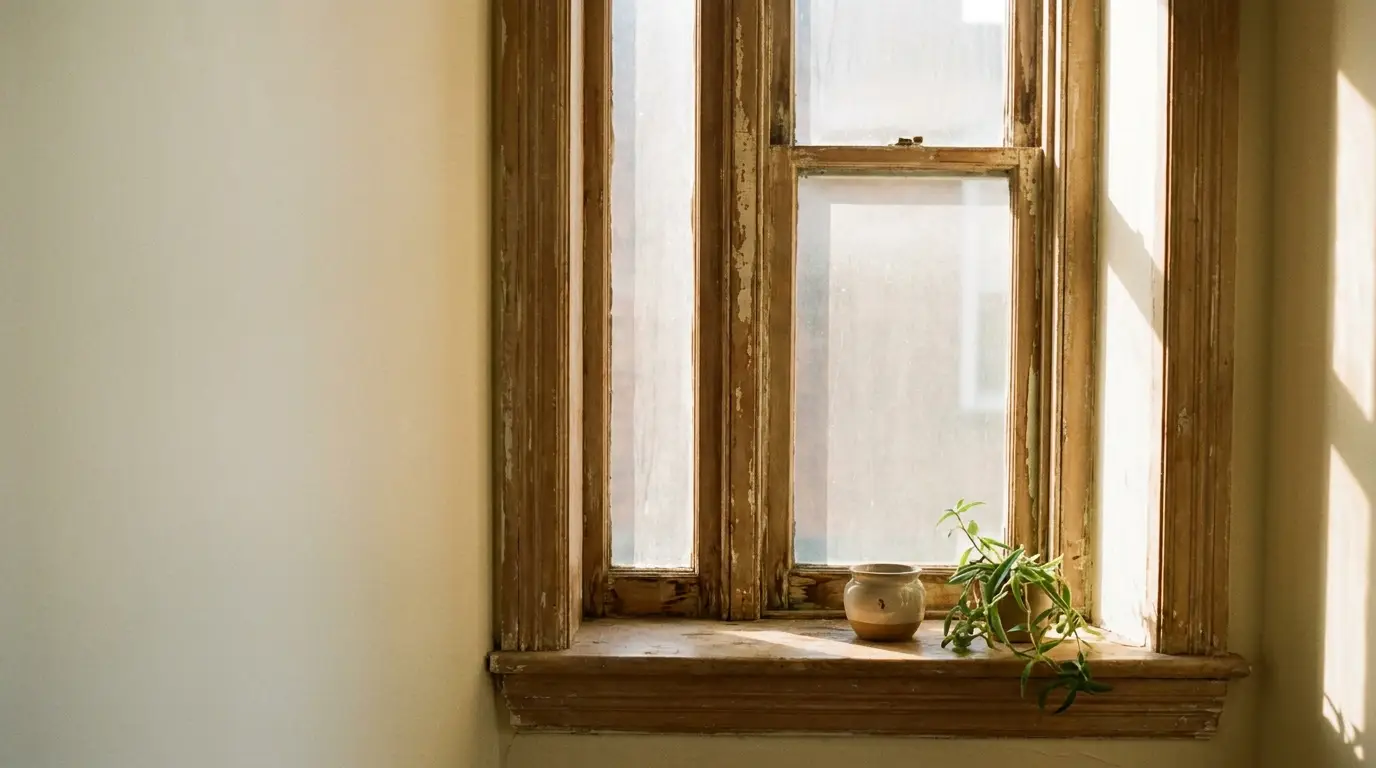 Rustic wooden window frame with potted plant on windowsill in soft natural light
