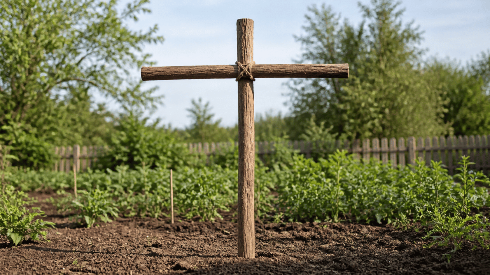 Wooden cross-shaped scarecrow frame fixed into garden soil