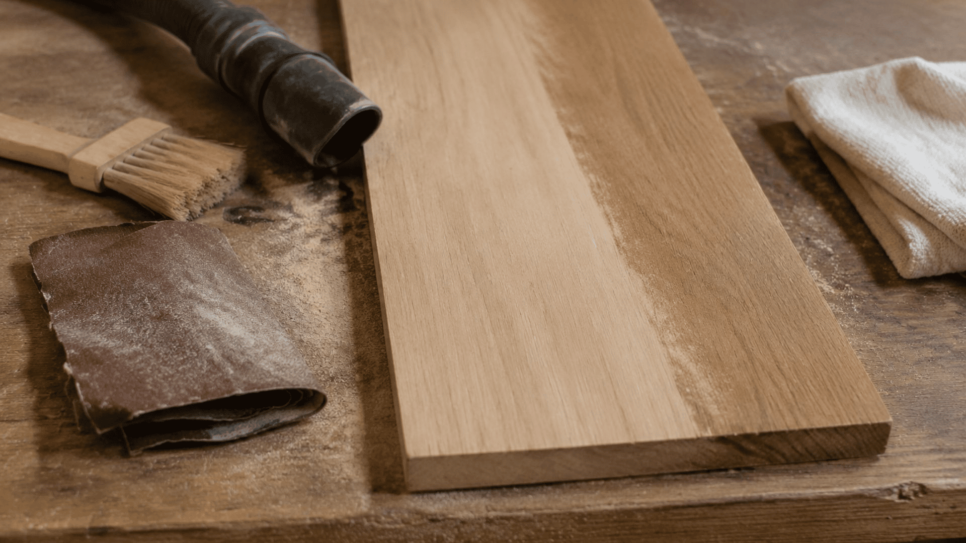 Wooden board on a workbench with sandpaper, brush, vacuum nozzle, and folded cloth nearby.