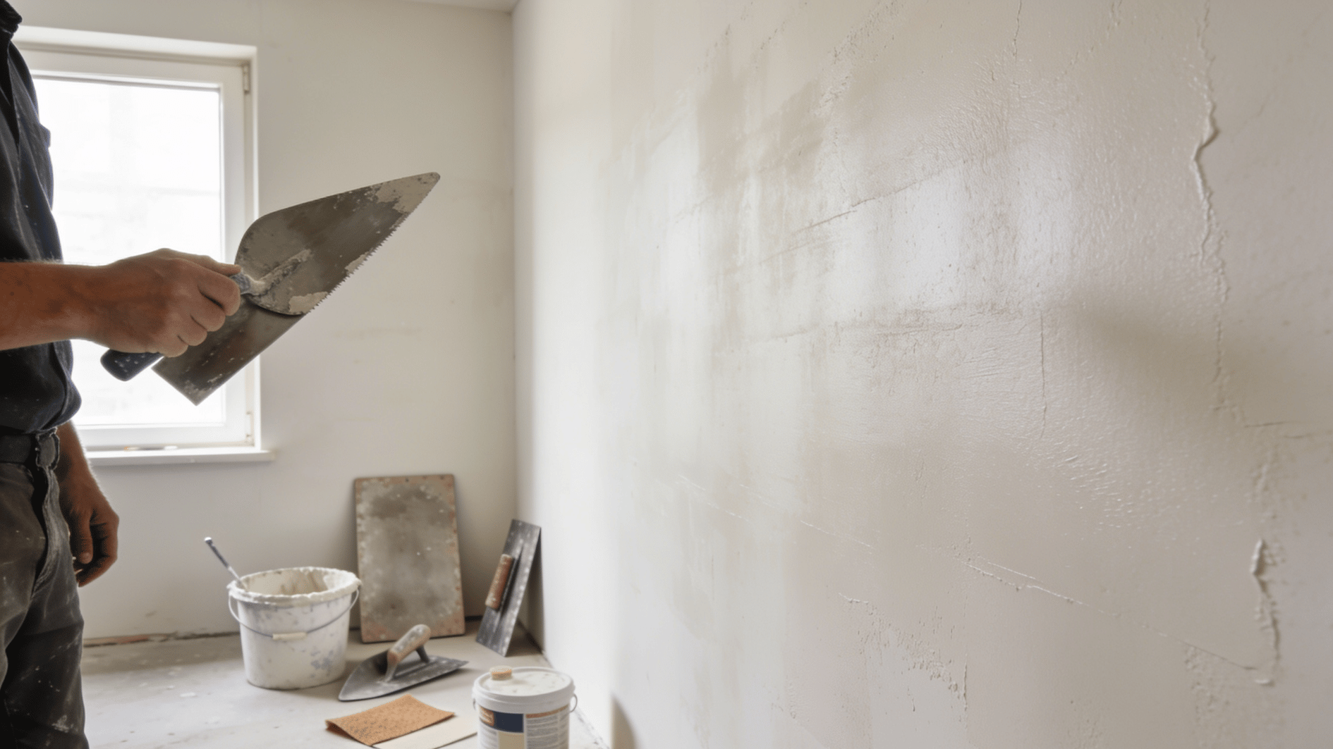 worker applying plaster on interior wall with trowel, tools and bucket beside window (2)