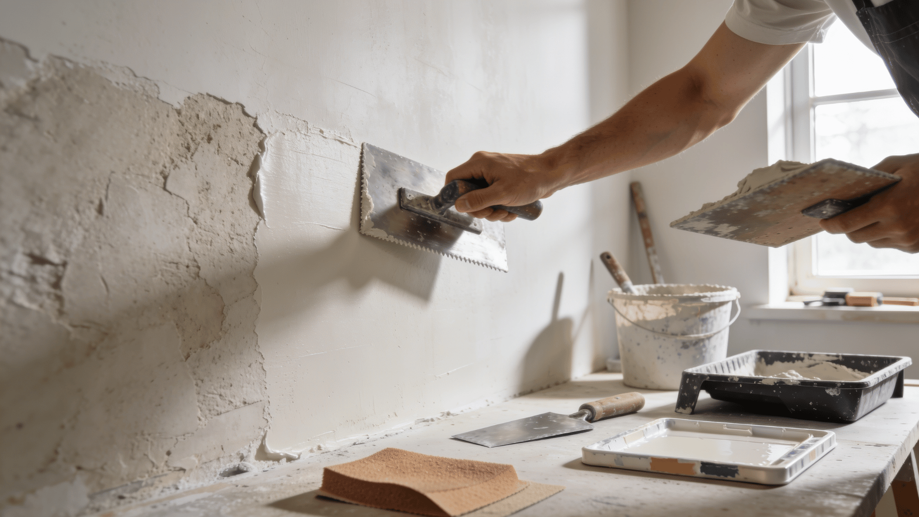 worker applying plaster to interior wall with trowel, smoothing surface, tools on workbench (2)
