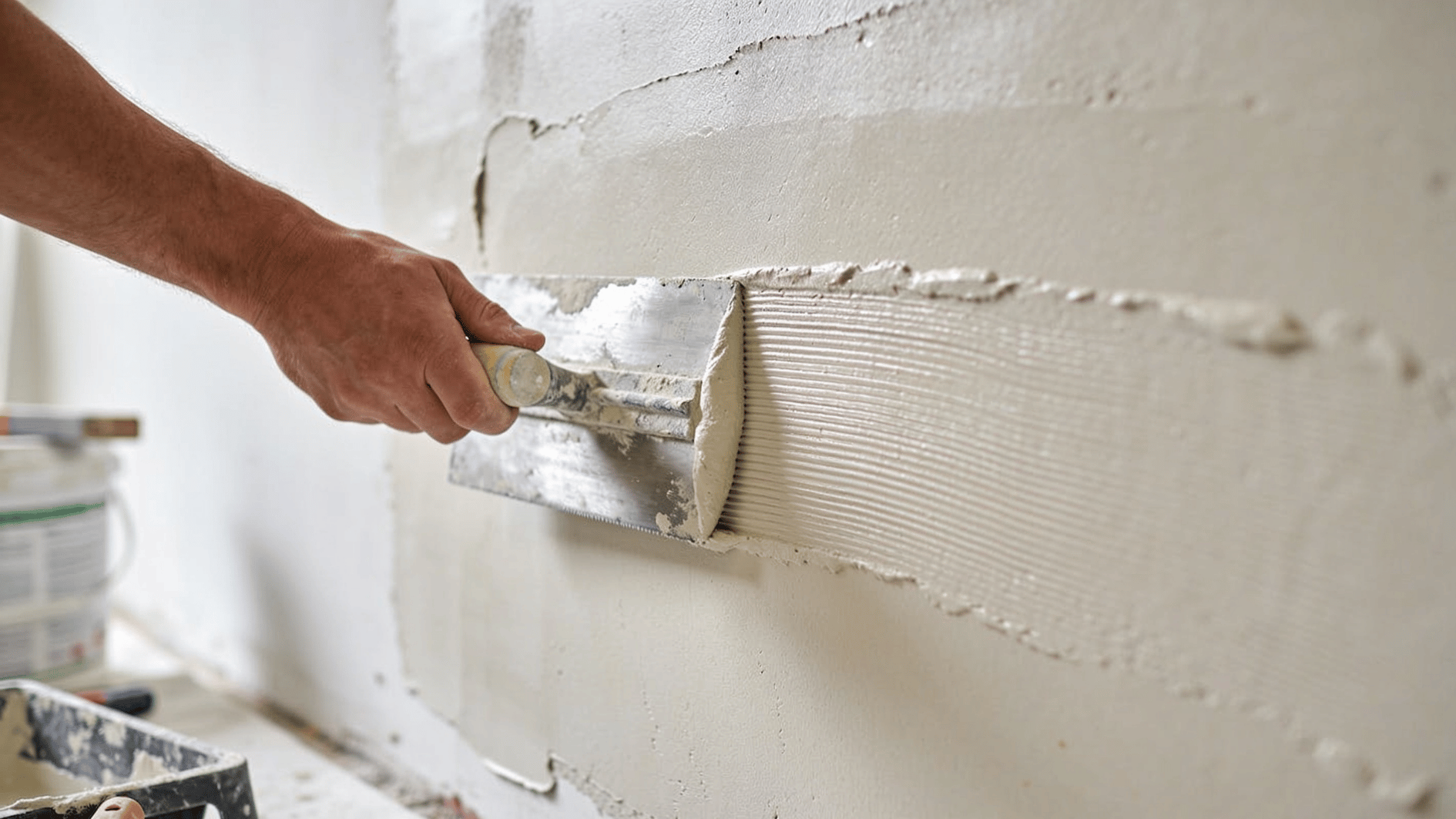 worker spreading tile adhesive on floor and smoothing plaster on wall with trowel (3)