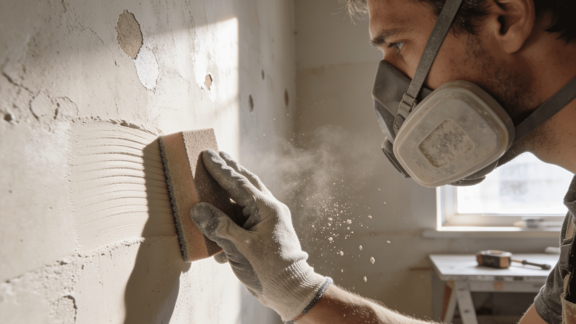 worker wearing respirator sanding plaster wall with sponge block, dust particles in sunlight (2)