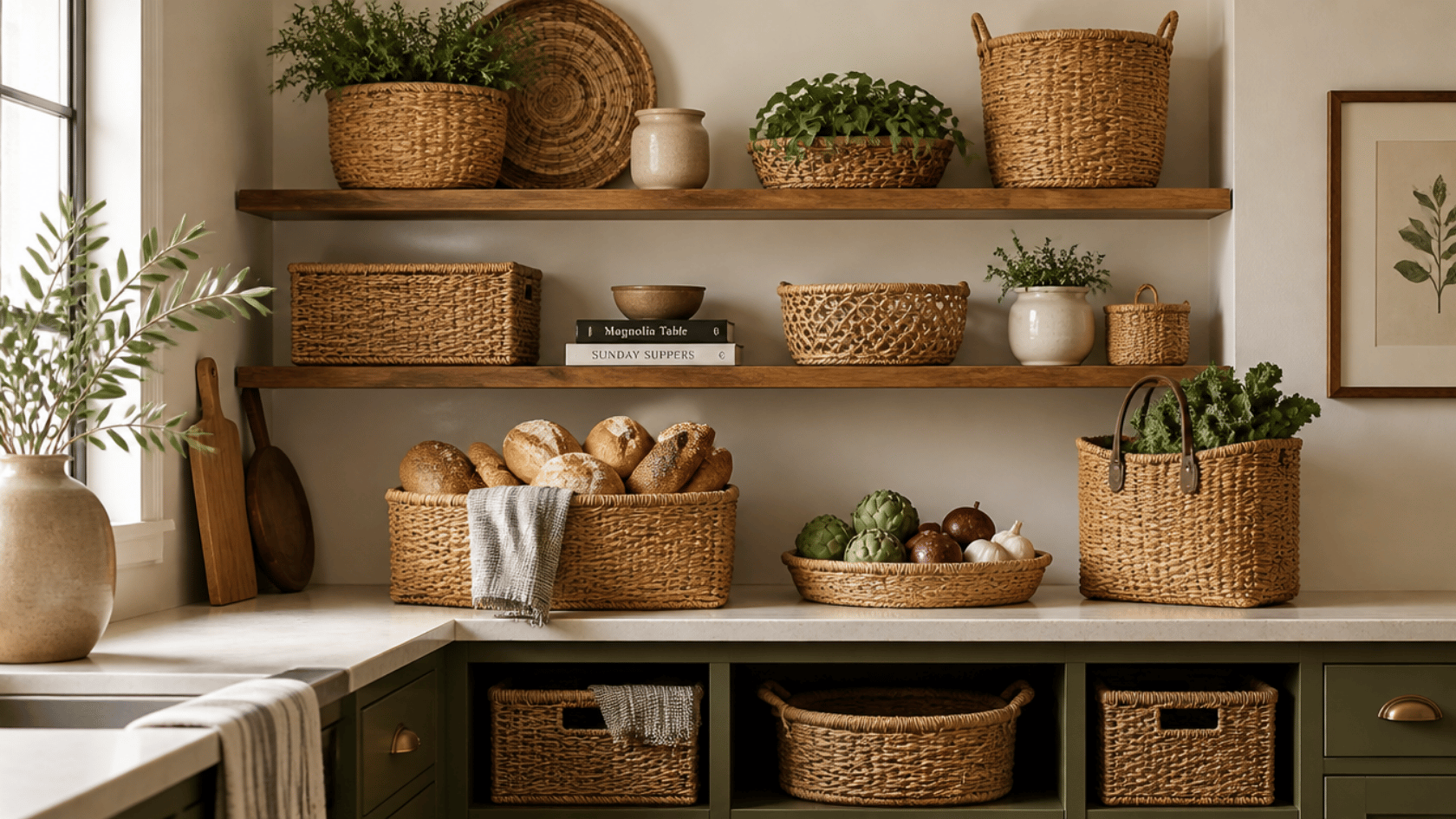 Woven baskets with produce, bread, and linens on open shelves and a countertop in a French country kitchen