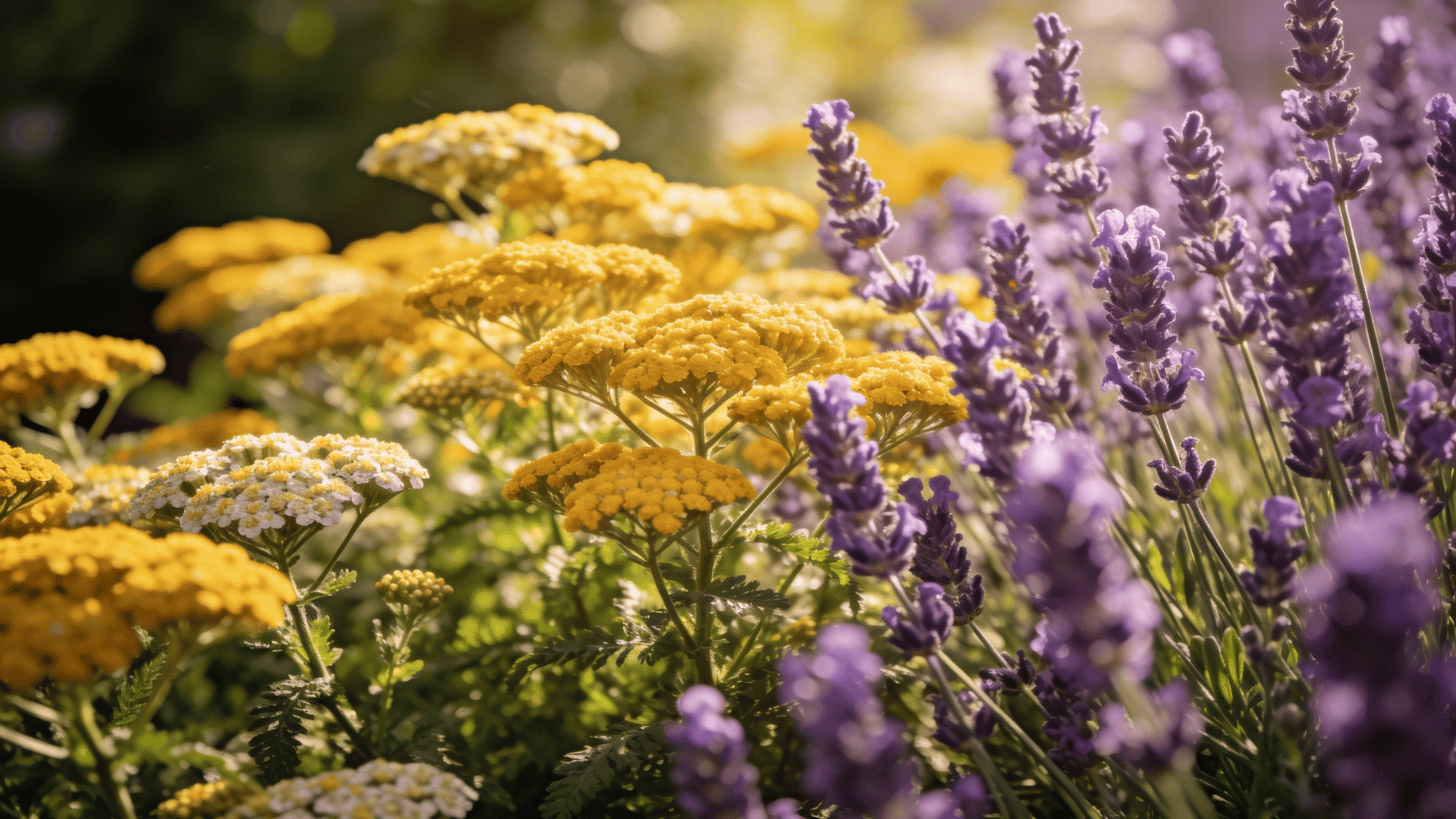 Lavender paired with yarrow in a dry sunny border with soft feathery blooms and pollinator activity.