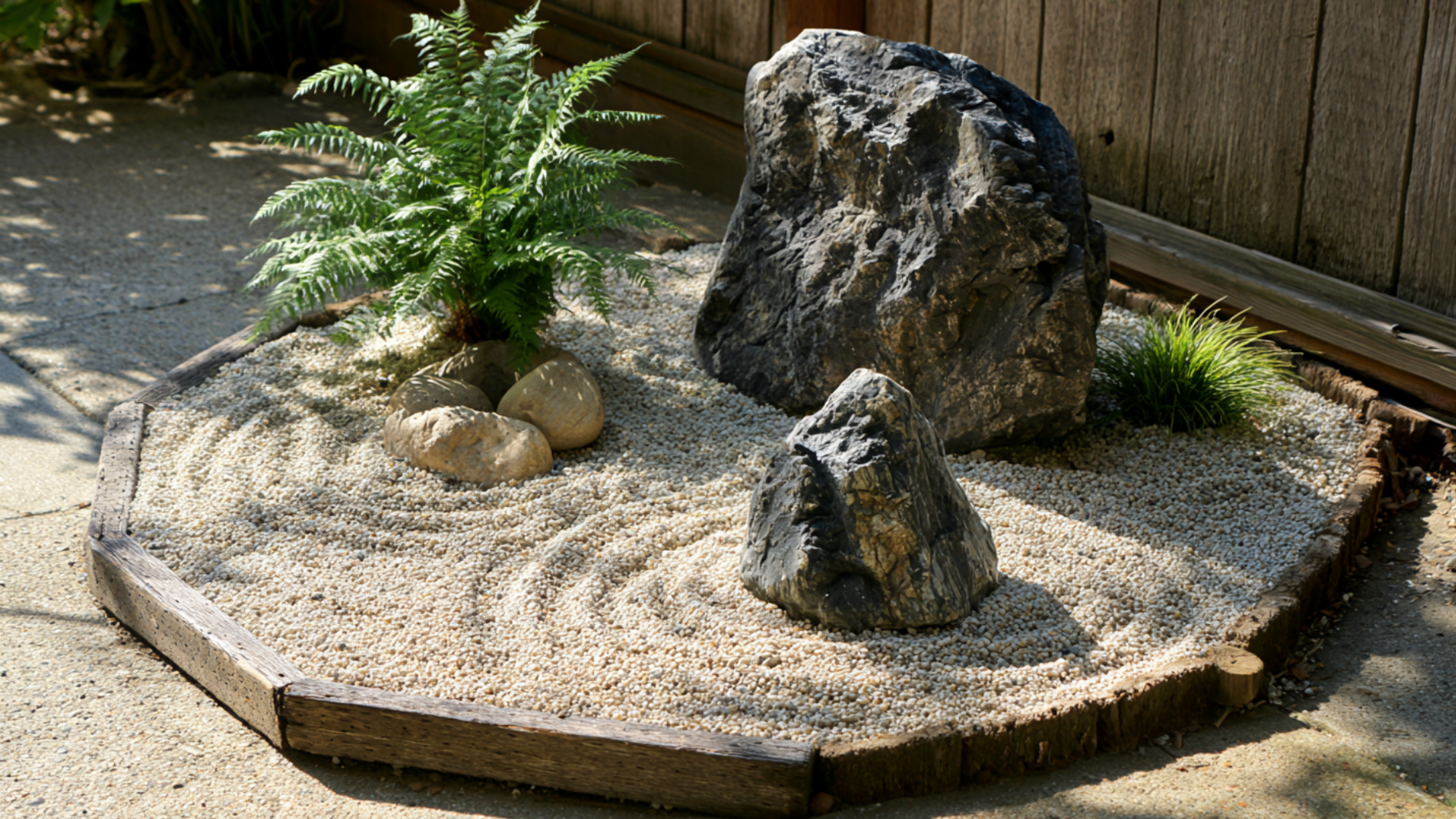 zen garden corner with raked sand patterns, smooth stones, and a small fern by stone wall (2)