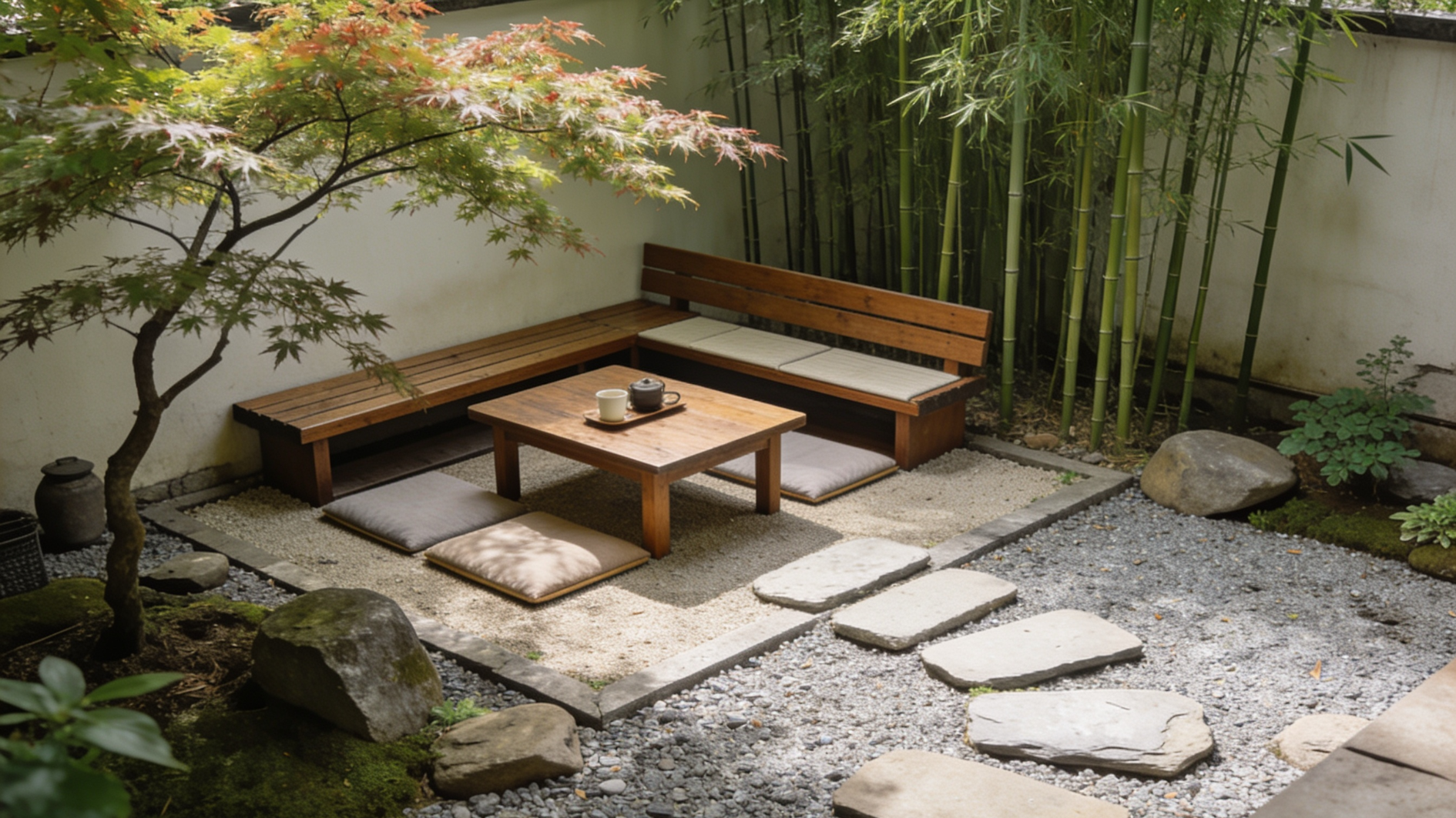 zen garden seating area with wooden bench, table, tea set, bamboo, maple tree, and stepping stones