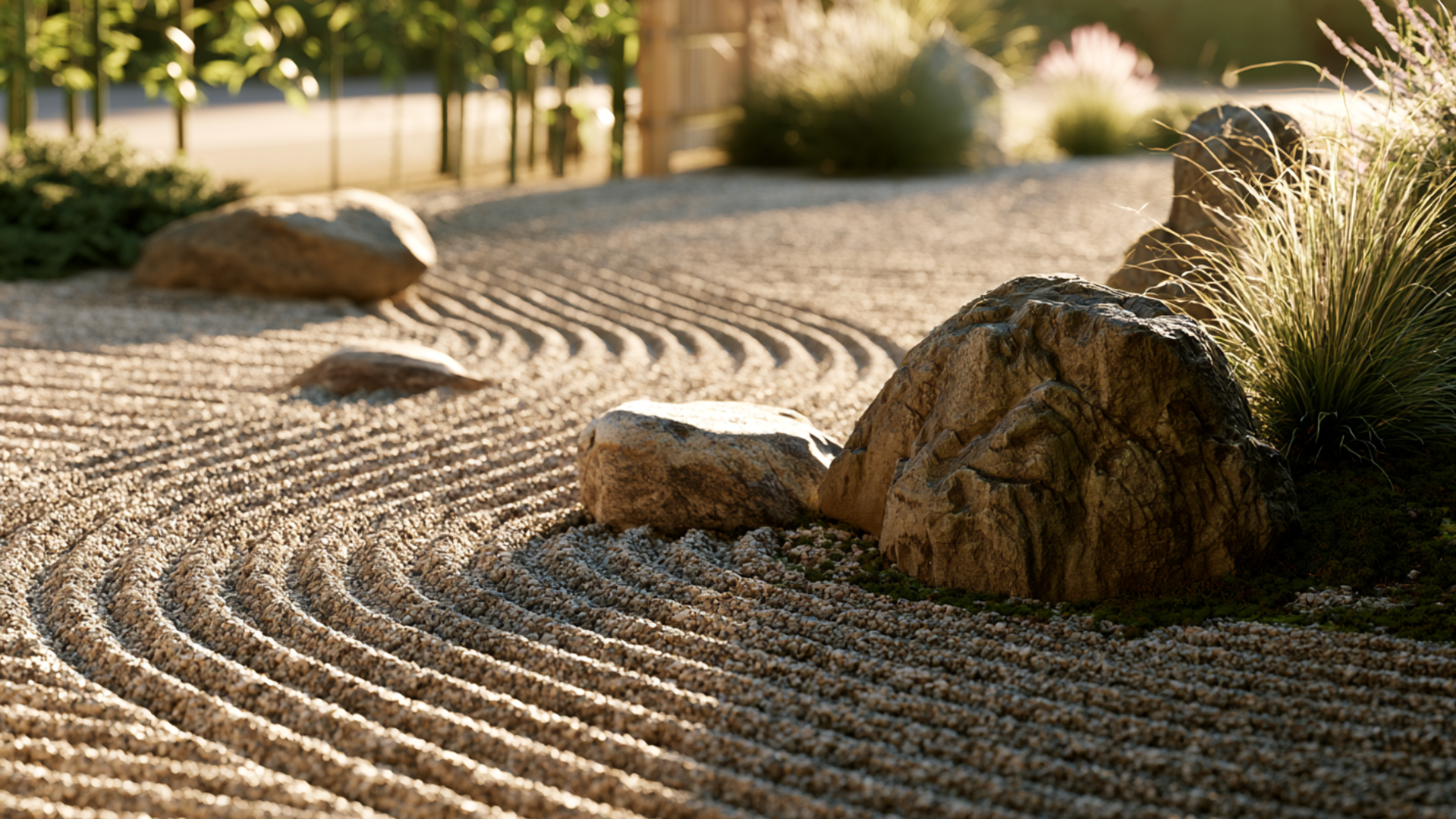 zen garden with raked gravel patterns, large stones, ornamental grass, warm natural sunlight