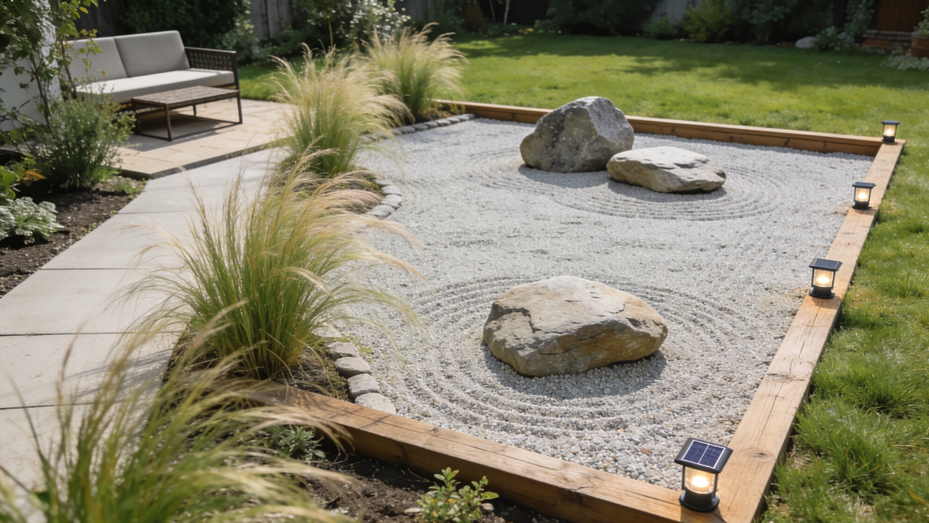 zen garden with raked gravel, three large stones, ornamental grasses, solar lights, and bench area