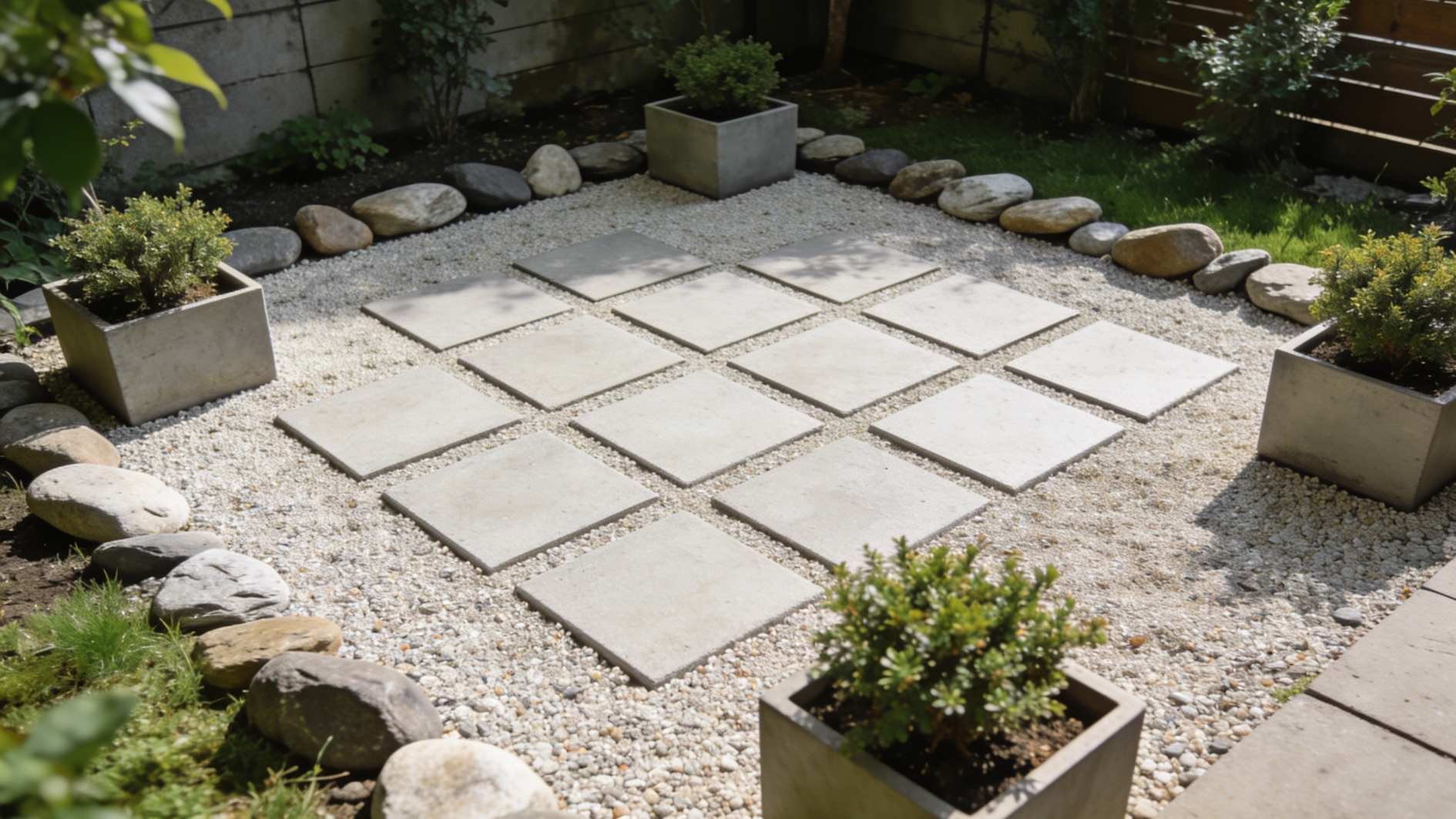 zen garden with square stepping tiles set in gravel, bordered by stones and potted shrubs