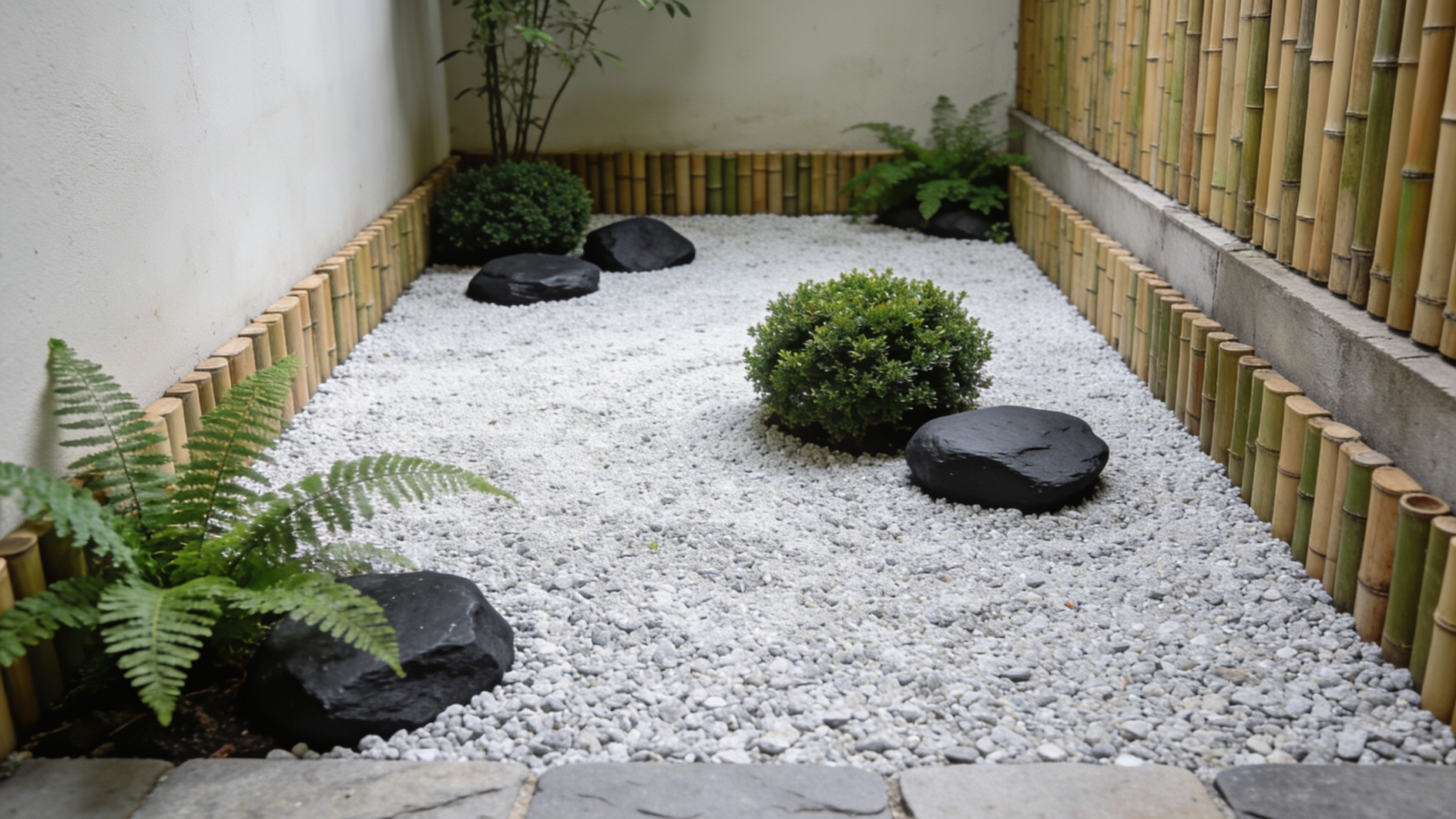 zen garden with white gravel, black stones, ferns, and bamboo border in small courtyard