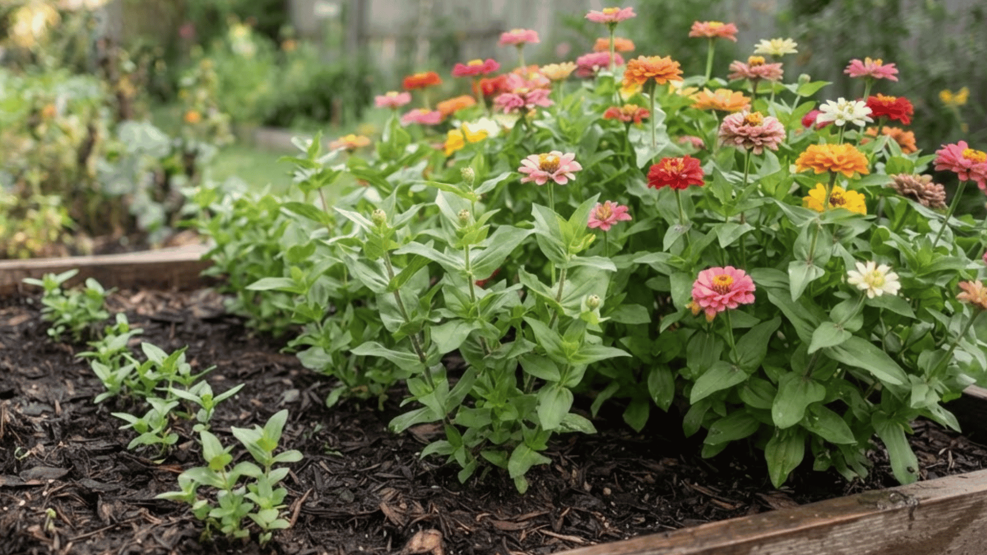 zinnia growth stages from planted seeds to mature blooming flowers in garden bed