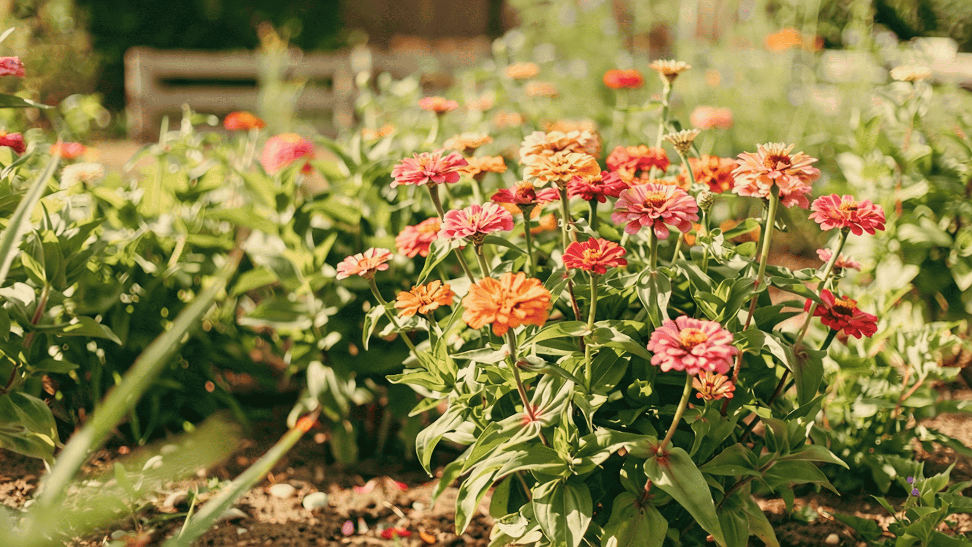 Zinnia flowers growing as a colorful lavender companion plant in a garden bed.