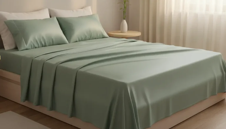 Bed with green silk sheets and pillows in cozy bedroom setting