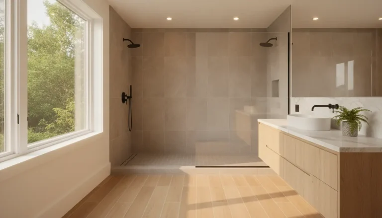 Spacious modern bathroom with walk-in shower, wooden vanity, and large window with natural light
