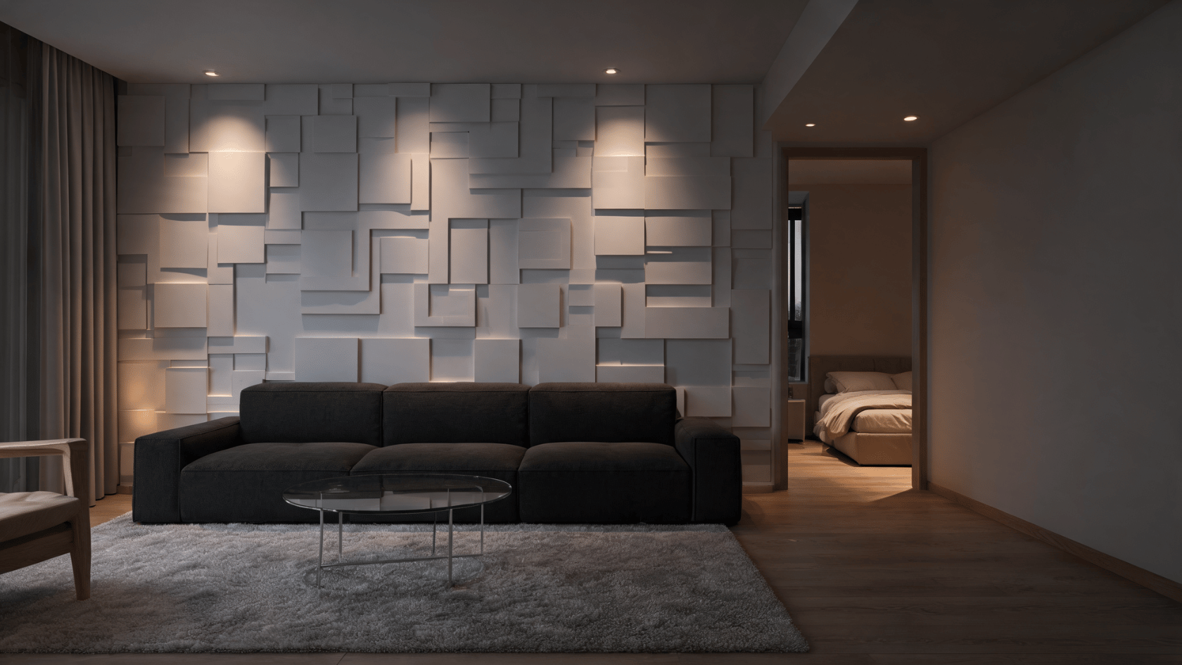 3D foam wall panels with raised geometric patterns behind a sofa in a modern living room