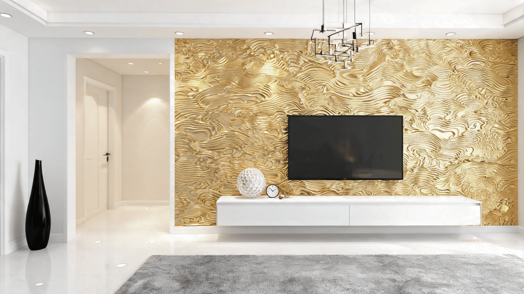 Modern living room with 3D textured wall panels behind a mounted TV, white console, rug, and black vase.