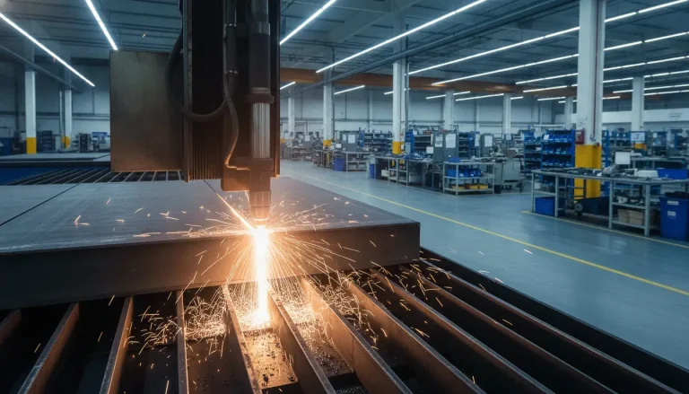 Industrial machine cutting metal with sparks in large factory setting