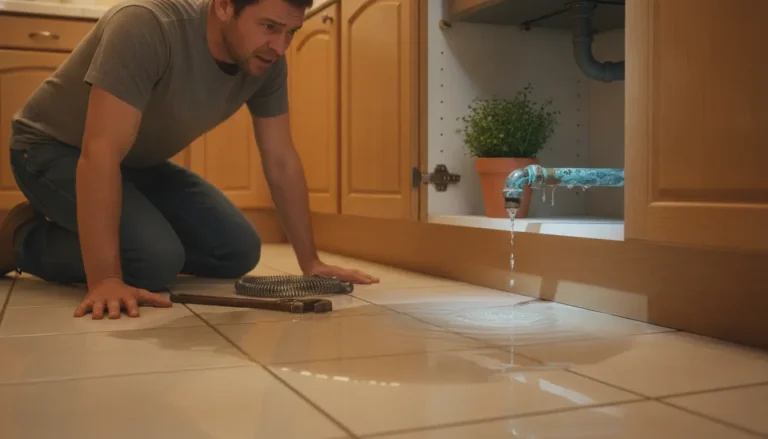 Man kneeling on kitchen floor inspecting leaking pipe under sink