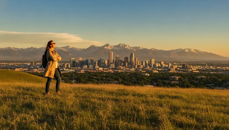 Person standing on grassy hill overlooking city skyline and mountains at sunset