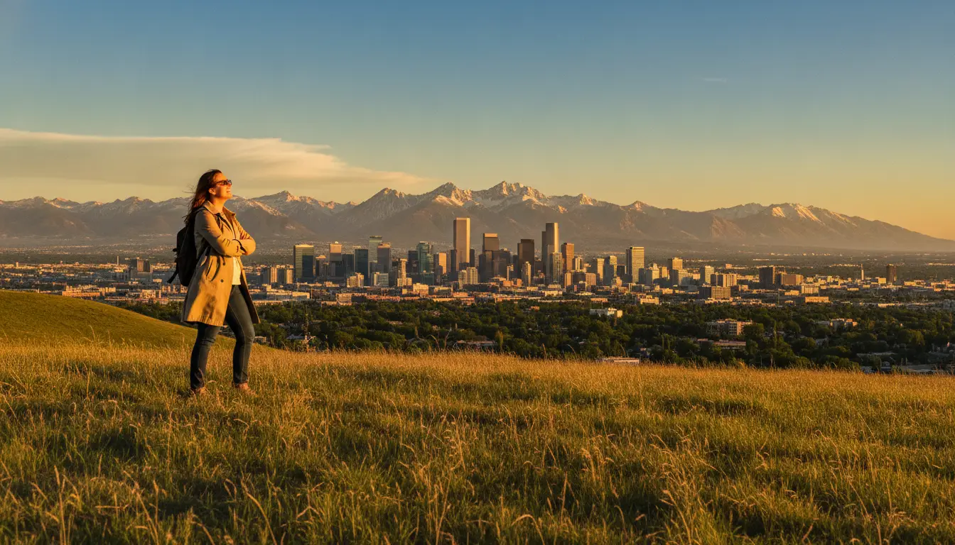 Person standing on grassy hill overlooking city skyline and mountains at sunset