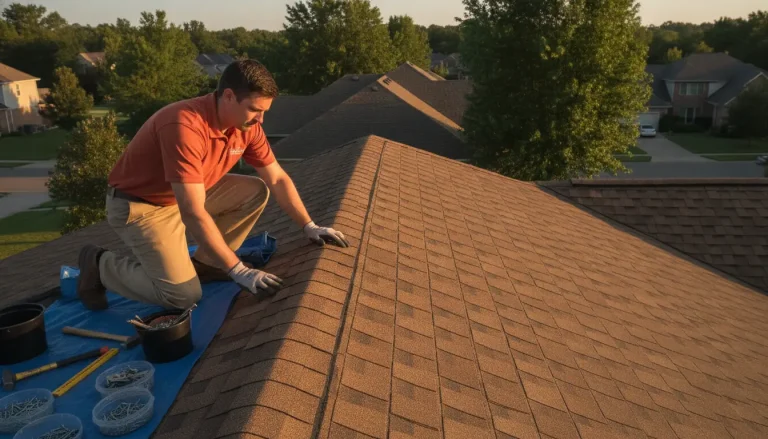 Man repairing roof shingles on suburban house at sunset with tools on blue tarp