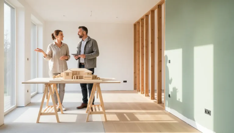 Architect and client discussing a house model in bright, modern interior space