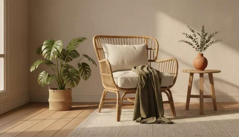 Rattan chair with cushion and green throw next to potted plant and wooden table in sunlit room