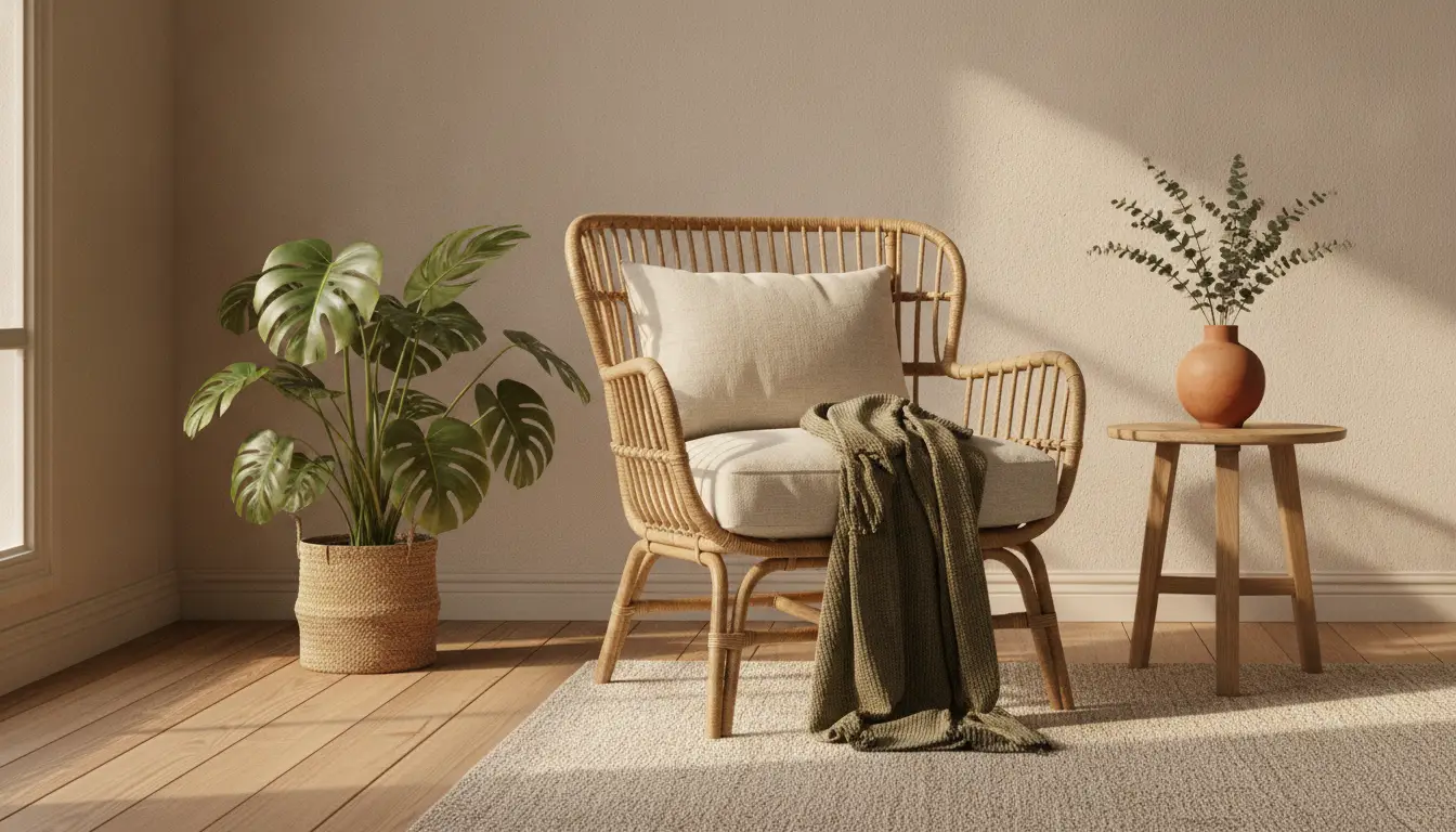 Rattan chair with cushion and green throw next to potted plant and wooden table in sunlit room
