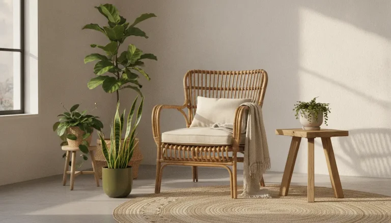 Rattan chair with cushions and plants in a sunlit minimalist living room setting