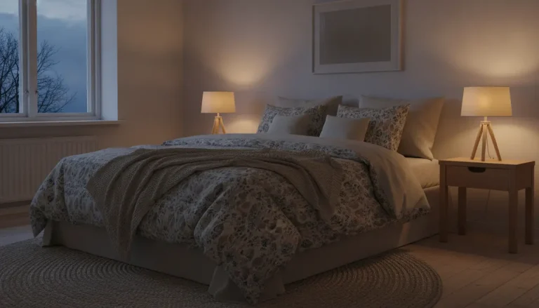 Cozy bedroom with patterned bedding and two lit bedside lamps on wooden nightstands