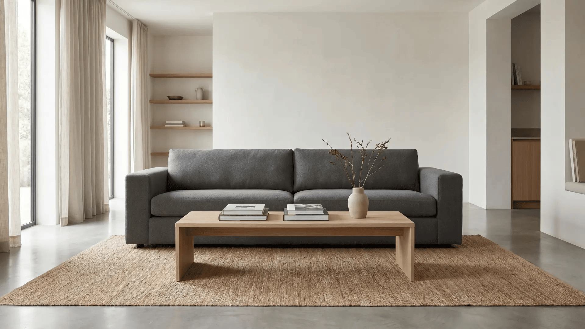 A charcoal grey sofa with a light wood coffee table on a jute rug in a bright, minimalist living room.
