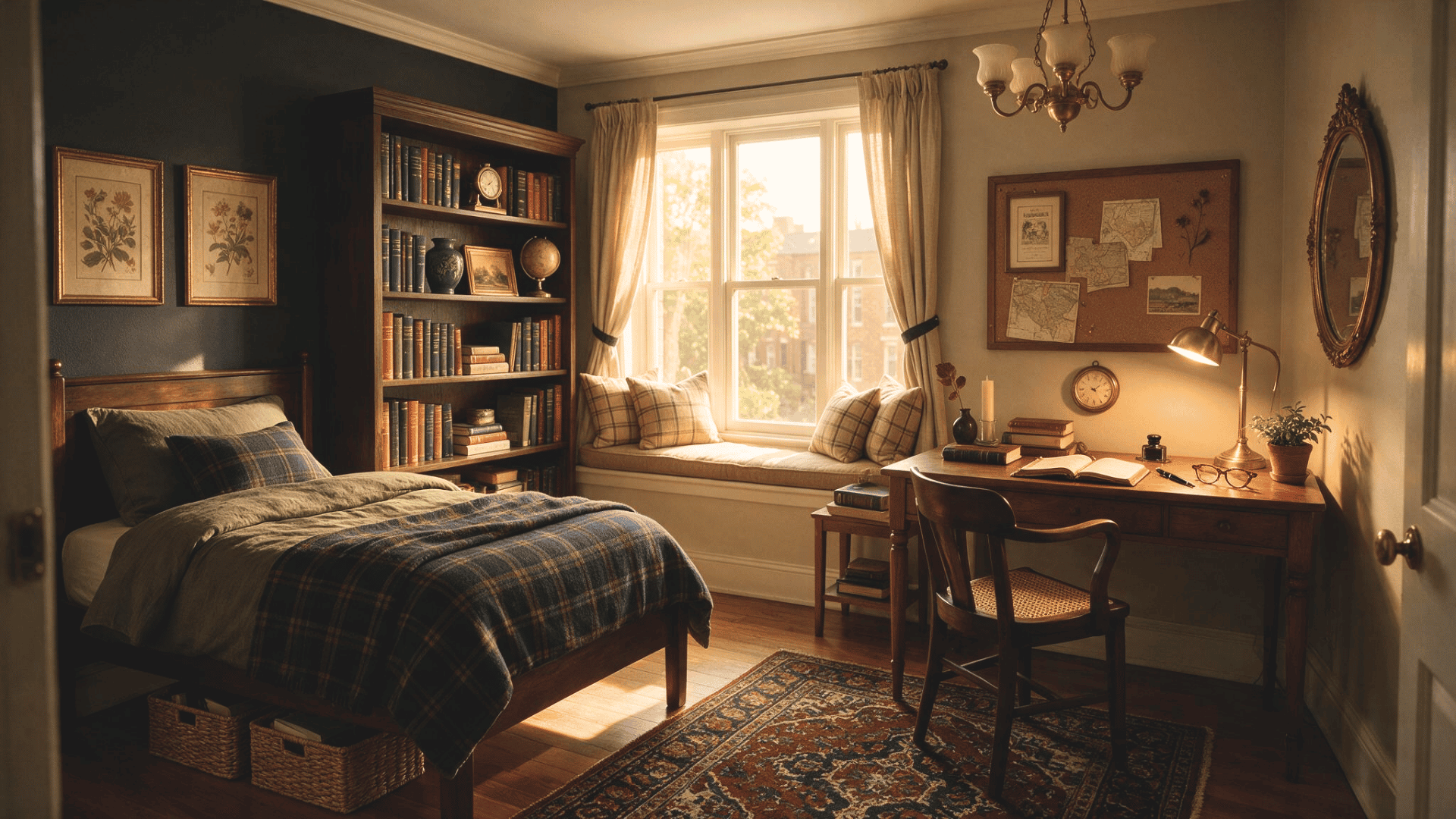 Cozy dorm room with layered bedding, throw pillows, warm lamp lighting, and personal photos on display.