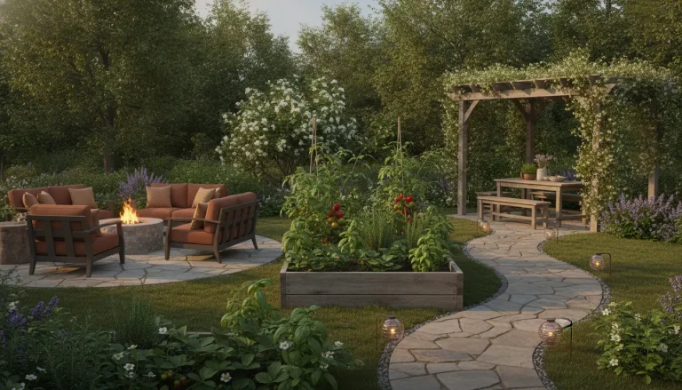 Outdoor garden with raised vegetable bed, patio seating around fire pit, and wooden pergola dining area