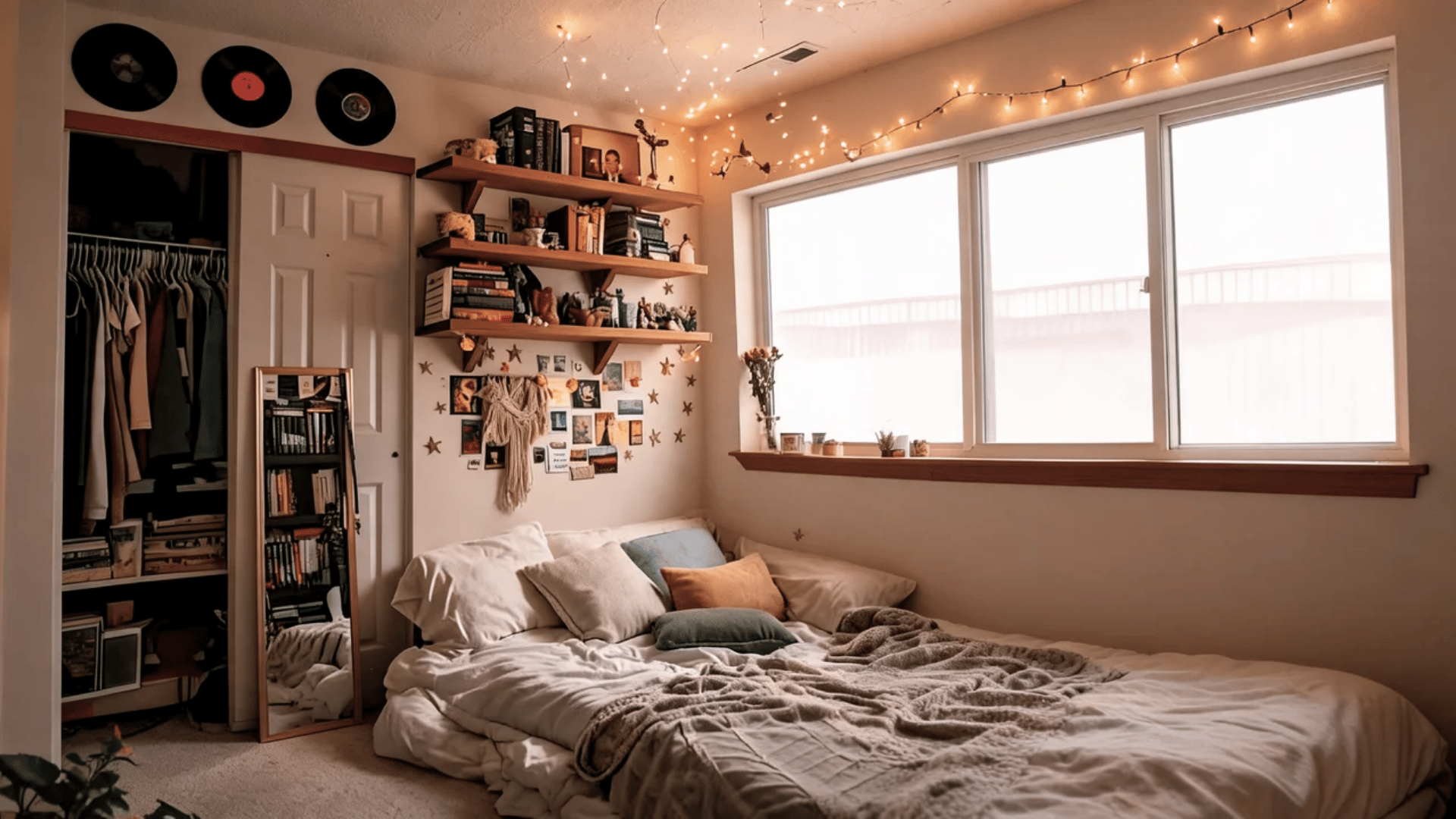 Vintage dorm room with thrifted decor, retro posters, vinyl records, and a personal gallery wall.