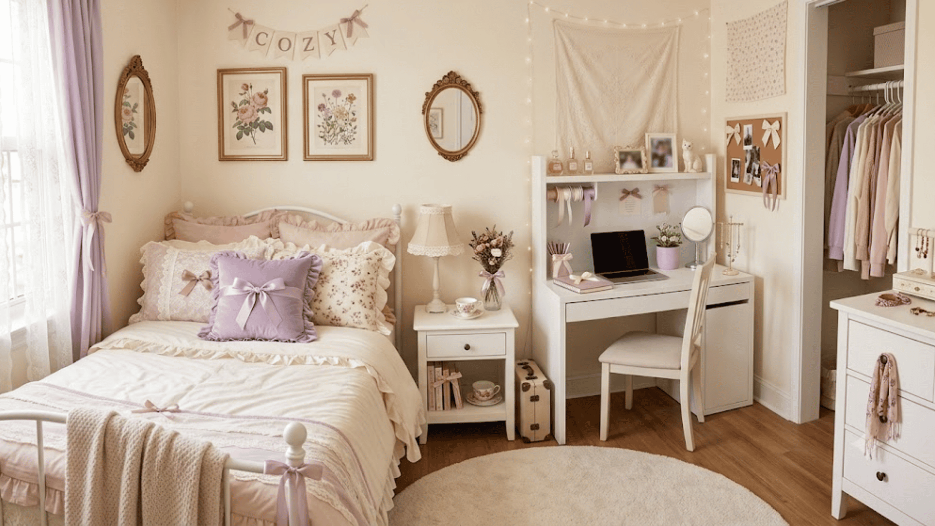Cozy dorm room with layered bedding, floral wall art, a study desk, warm lights, and an organized open closet.