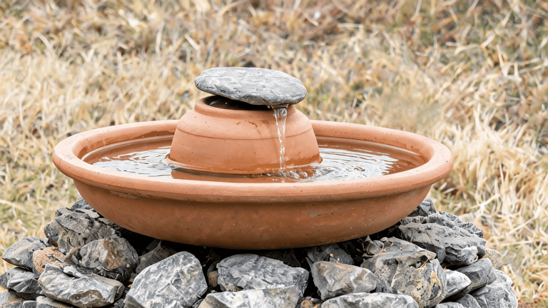 Terracotta basin fountain with water trickling from beneath a stone atop a smaller pot, set on rocks.