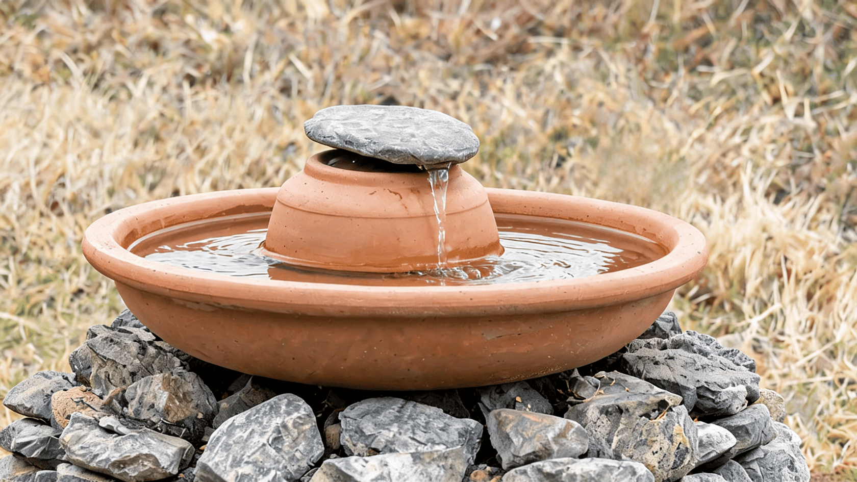 Terracotta basin fountain with water trickling from beneath a stone atop a smaller pot, set on rocks.