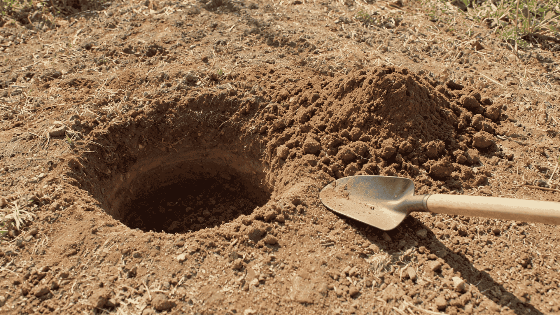 A wide, shallow planting hole dug in dry garden soil, sized properly for planting lavender roots