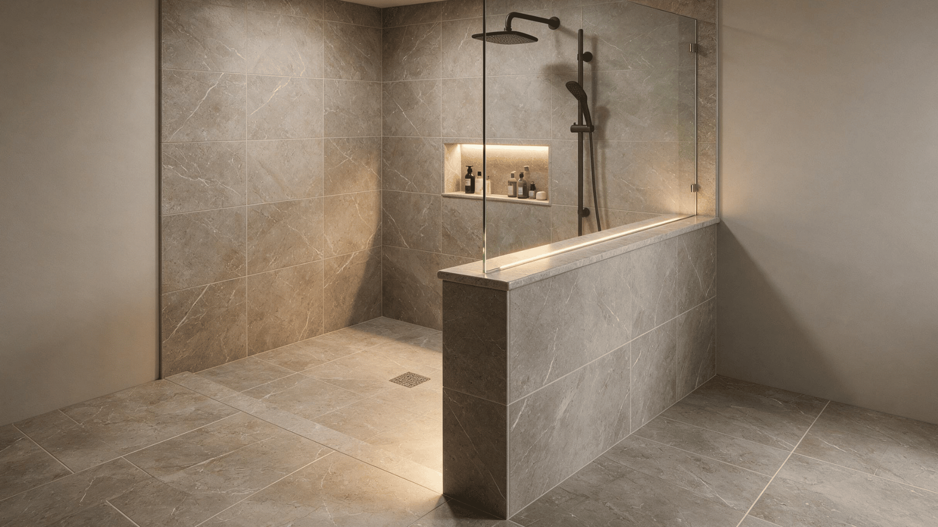 accent lit pony wall shower with glass panel, stone tiles, recessed niche, and modern black shower fixtures in a bathroom (2)