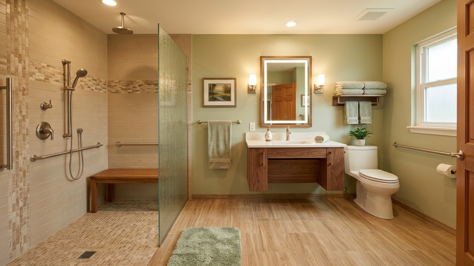 accessible bathroom with open shower bench floating vanity toilet grab bars warm tile and generous floor space