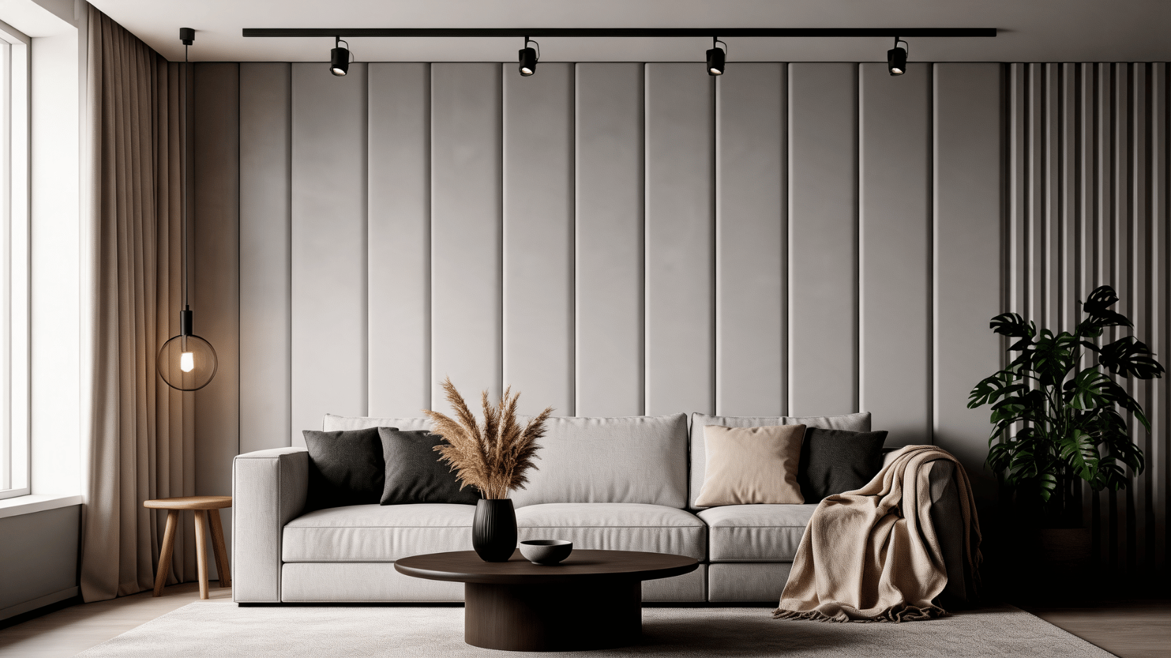Acoustic fabric wall panels behind a sofa in a modern living room with neutral furniture and lighting