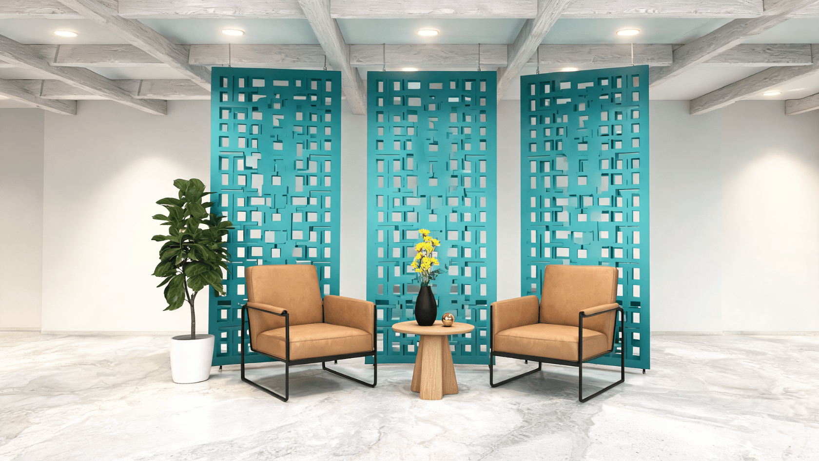Acoustic PET felt wall panels creating a patterned divider in a modern interior seating area