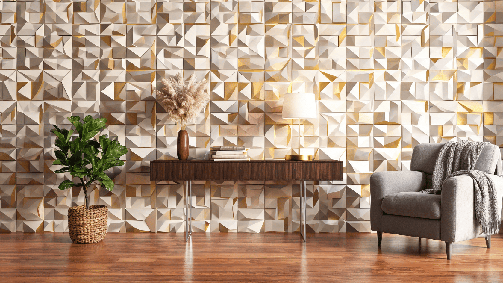 Acrylic wall panels with geometric textured patterns behind a console table in a modern living room