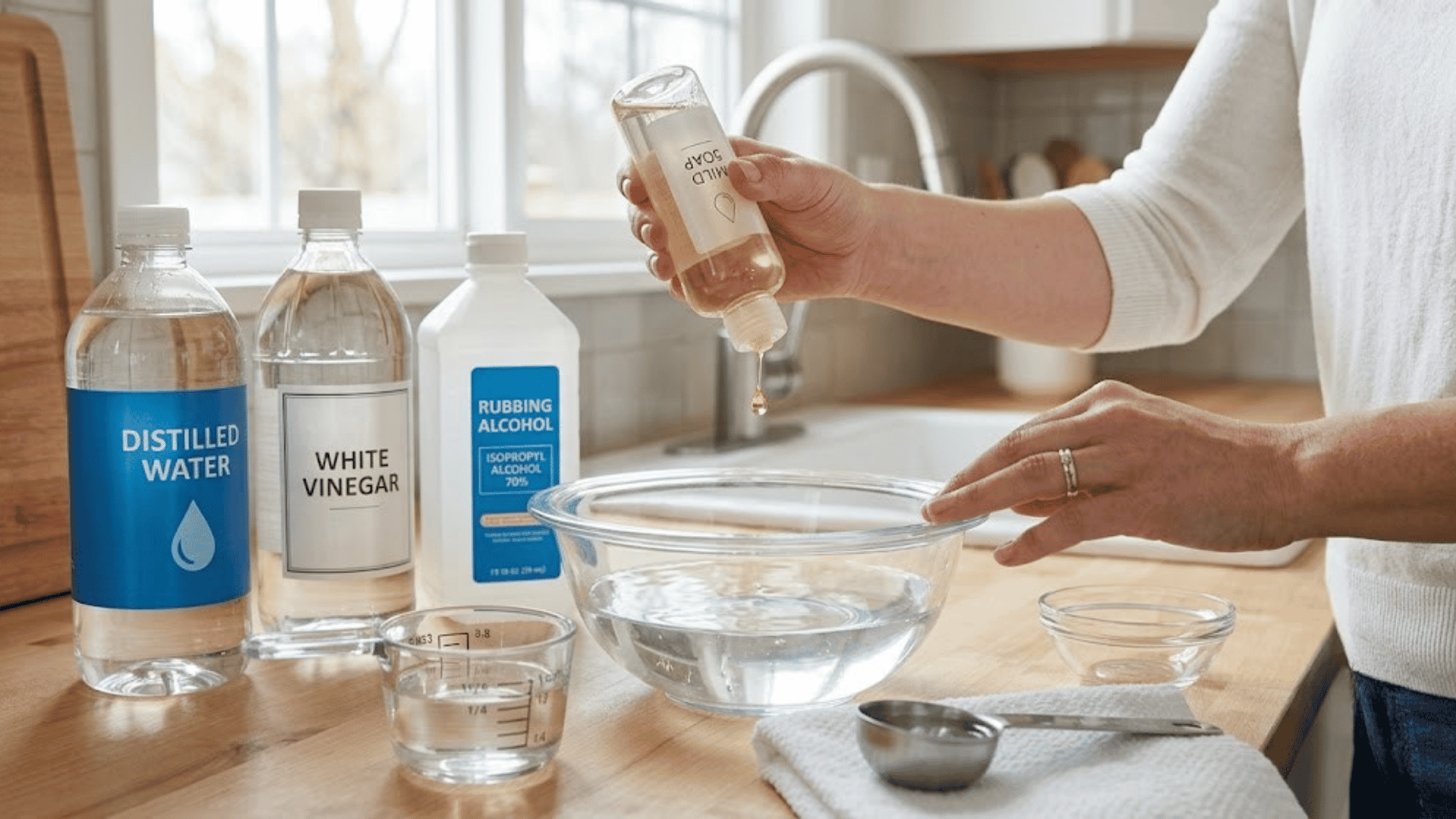 Adding a small drop of dish soap to a homemade glass cleaning solution mixture.