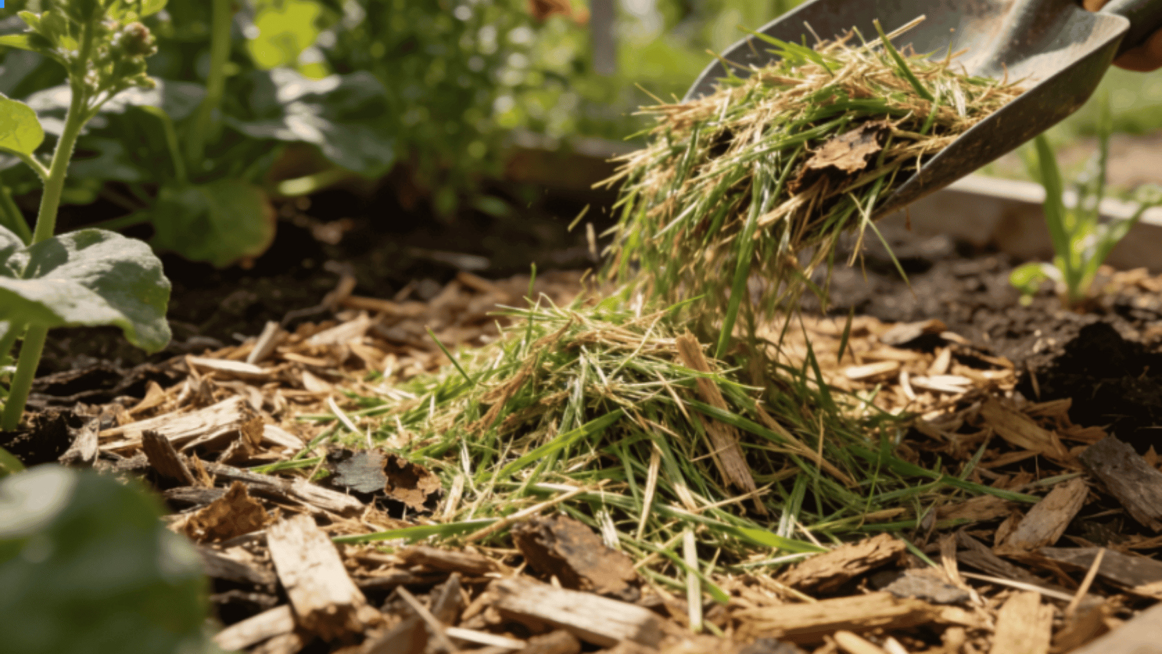 Adding fresh grass clippings to maintain mulch coverage around garden plants